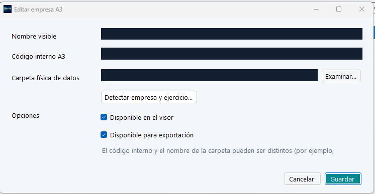 Pantalla real para configurar una empresa en Visor A3, con sus datos anonimizados